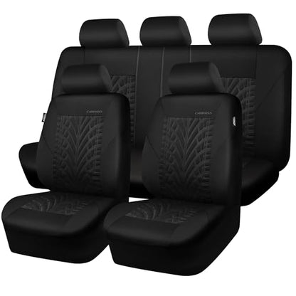 CAR PASS Car Seat Covers Full Sets, Front &amp; Split Rear Bench for Car, 3D Tyre Embossed Automotive Interior Covers, Airbag Compatible, Quick Setup Universal Fit Seat Covers for Car, SUV(All Black)