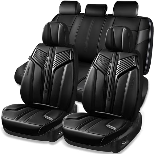 CAR PASS Nappa Leather Seat Covers, Breathable Waterproof Car Seat Covers Full Set, Luxury 3D Sponge Support Full Coverage Seat Protector, Universal Fit SUV Pick-up Truck Sedan Automotive(All Black)