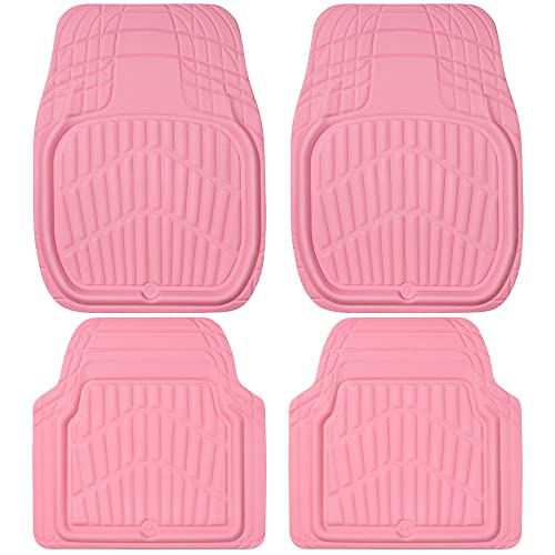 CAR PASS 4 Piece Leather Car Floor Mats -3D Cute Girly Waterproof All Weather Car Mat Full Set, Universal Trim to Fit &amp; Anti-Slip Burr Bottom &amp; Light Easy Clean for SUV Truck Auto Sedan Van(Pink)