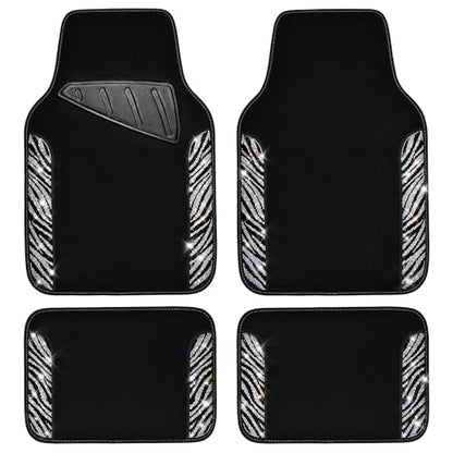 CAR PASS Bling Diamond Car Floor Mats, Shining Rhinestone Carpet Sparkly Glitter Crystal with Anti-Slip PVC Heel Pad Waterproof Universal Fit Automotive SUV,Sedan,Van,Cute Girl Women,4pcs Black Sliver