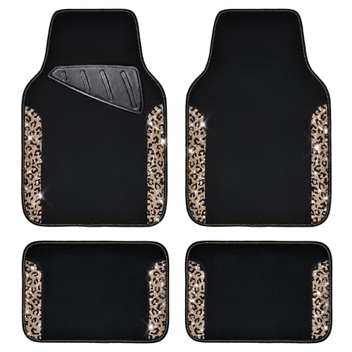 CAR PASS Bling Diamond Car Floor Mats, Shining Rhinestone Carpet Sparkly Glitter Crystal with Anti-Slip PVC Heel Pad Waterproof Universal Fit Automotive SUV,Sedan,Van,Cute Girl Women,4pcs Black Sliver