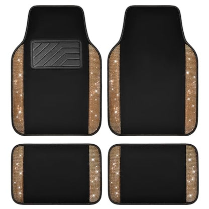 CAR PASS Bling Diamond Car Floor Mats, Shining Rhinestone Carpet Sparkly Glitter Crystal with Anti-Slip PVC Heel Pad Waterproof Universal Fit Automotive SUV,Sedan,Van,Cute Girl Women,4pcs Black Sliver