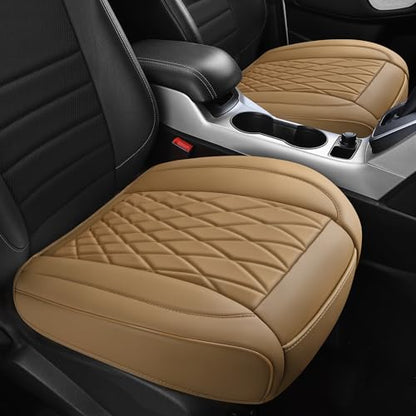 CAR PASS 2 Pack Leather Front Car Seat Covers, Bottom Seat Covers Full Wrapped with Storage Pocket, Anti-Slip Leather Seat Protectors,Waterproof Seat Cushion Pad Universal Fit Sedan SUV Truck, Beige