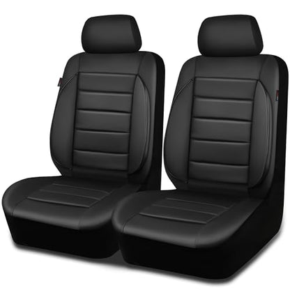 CAR PASS Leather Car Seat Covers Front Seats Only, 3D Foam Support Car Seat Covers, Universal fit for Trucks Vans SUVs Sedans Automotive Comfortable, Airbag Compatible 2 Pieces Front Solid Black