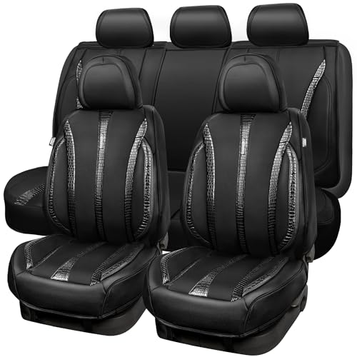 CAR Pass Nappa Leather Car Seat Covers, Durable Waterproof Luxury Universal for SUV Pick-up Truck Sedan, Anti-Slip Driver 5 Seats Covers Full Set with Backrest (Black Chameleon Iridescent Reflective)