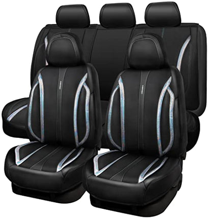 CAR Pass Nappa Leather Car Seat Covers, Durable Waterproof Luxury Universal for SUV Pick-up Truck Sedan, Anti-Slip Driver 5 Seats Covers Full Set with Backrest (Black Chameleon Iridescent Reflective)