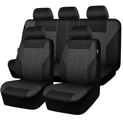 CAR PASS Car Seat Covers Full Sets, Front &amp; Split Rear Bench for Car, 3D Tyre Embossed Automotive Interior Covers, Airbag Compatible, Quick Setup Universal Fit Seat Covers for Car, SUV(All Black)