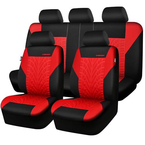 CAR PASS Car Seat Covers Full Sets, Front &amp; Split Rear Bench for Car, 3D Tyre Embossed Automotive Interior Covers, Airbag Compatible, Quick Setup Universal Fit Seat Covers for Car, SUV(All Black)