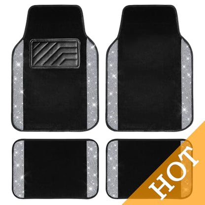 CAR PASS Bling Diamond Car Floor Mats, Shining Rhinestone Carpet Sparkly Glitter Crystal with Anti-Slip PVC Heel Pad Waterproof Universal Fit Automotive SUV,Sedan,Van,Cute Girl Women,4pcs Black Sliver