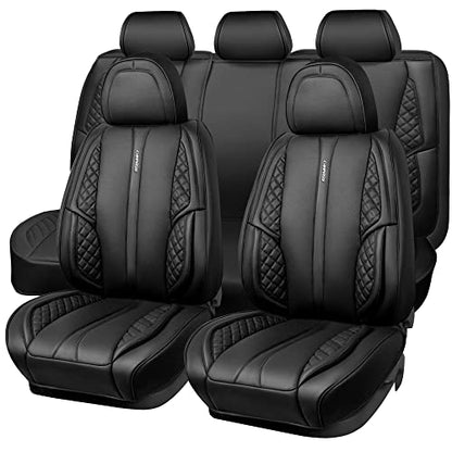 CAR PASS Nappa PU Leather Car Seat Covers Full Set Waterproof Protector Durable Cushioned,Universal Fit for Sedan SUV Pick-up Truck,Automotive, Anti-Slip and Backseat Luxury Premium Deluxe(Black)