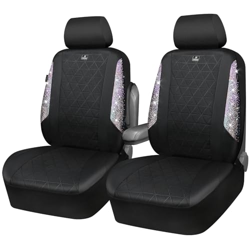 CAR PASS Oxford Bling Diamond Car Seat Covers 2 Front Interior Sets, Waterproof Shining Glitter Sparkly Crystal Universal Armrest Fit 95% Automotive Truck SUV Cute Women Girl, Black Red Rhinestone