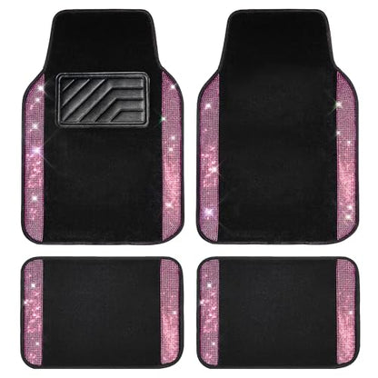 CAR PASS Bling Diamond Car Floor Mats, Shining Rhinestone Carpet Sparkly Glitter Crystal with Anti-Slip PVC Heel Pad Waterproof Universal Fit Automotive SUV,Sedan,Van,Cute Girl Women,4pcs Black Sliver