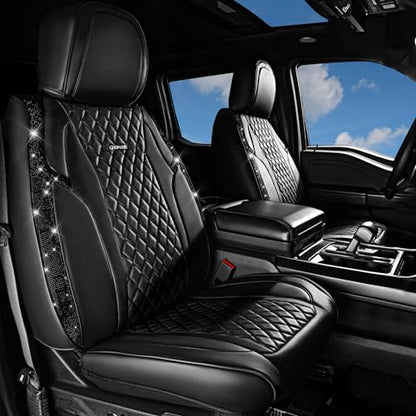 CAR Pass Bling Car Seat Covers, Microfiber Nappa Leather Luxury Cushioned, Waterproof Heavy-Duty Anti-Slip Universal Fit for Auto SUV Sedan,Sparkly Glitter Shining Rhinestone Full Set, Black Diamond