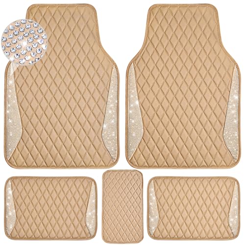 CAR PASS Bling Leather Car Mats Shining Diamond Floor Mats Sparkly Glitter Crystal Rhinestones Carpet Anti-Slip Waterproof Pad Universal Fit for Automotive SUV, Sedan, Van, 5pcs for Girl Women Black