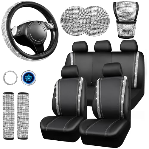 CAR PASS 7 PCS Bling Car Accessories for Women, Sparkly Rhinestone Diamond Steering Wheel Cover, Bling Seat Belt Cushion, Glitter Shift Knob Cover, Car Cup Holder Coaster, Cute Interior Sets Silver