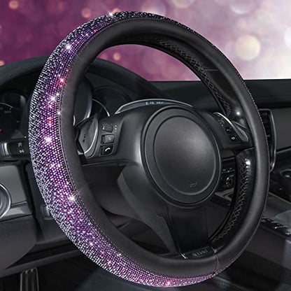 CAR PASS Bling Diamond Leather Steering Wheel Cover, With Sparkly Crystal Glitter Rhinestones Universal Fit 14"1/2-15" Car Wheel Protector for Women Girl Fit Suvs,Vans,Sedans,Car,Trucks, Black Diamond