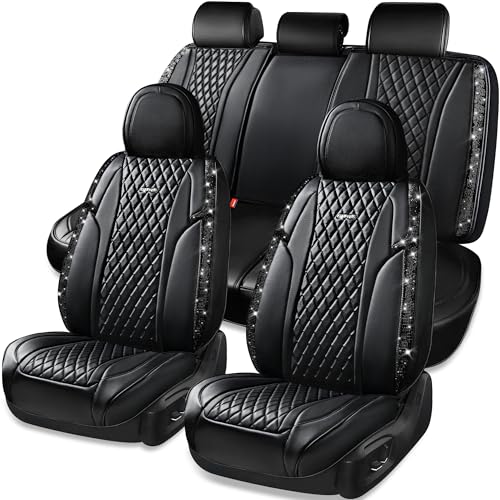 CAR Pass Bling Car Seat Covers, Microfiber Nappa Leather Luxury Cushioned, Waterproof Heavy-Duty Anti-Slip Universal Fit for Auto SUV Sedan,Sparkly Glitter Shining Rhinestone Full Set, Black Diamond