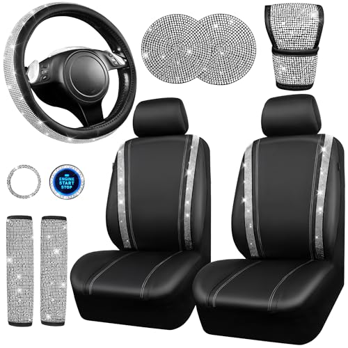 CAR PASS 7 PCS Bling Car Accessories for Women, Sparkly Rhinestone Diamond Steering Wheel Cover, Bling Seat Belt Cushion, Glitter Shift Knob Cover, Car Cup Holder Coaster, Cute Interior Sets Silver