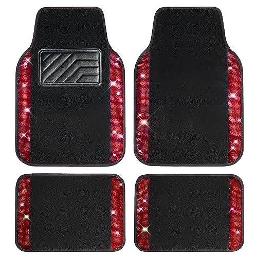 CAR PASS Bling Diamond Car Floor Mats, Shining Rhinestone Carpet Sparkly Glitter Crystal with Anti-Slip PVC Heel Pad Waterproof Universal Fit Automotive SUV,Sedan,Van,Cute Girl Women,4pcs Black Sliver