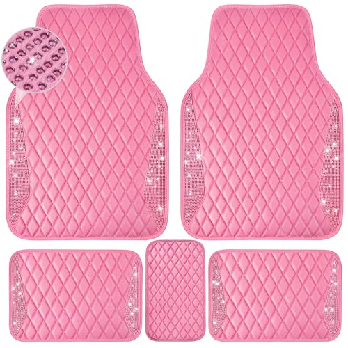 CAR PASS Bling Leather Car Mats Shining Diamond Floor Mats Sparkly Glitter Crystal Rhinestones Carpet Anti-Slip Waterproof Pad Universal Fit for Automotive SUV, Sedan, Van, 5pcs for Girl Women Black