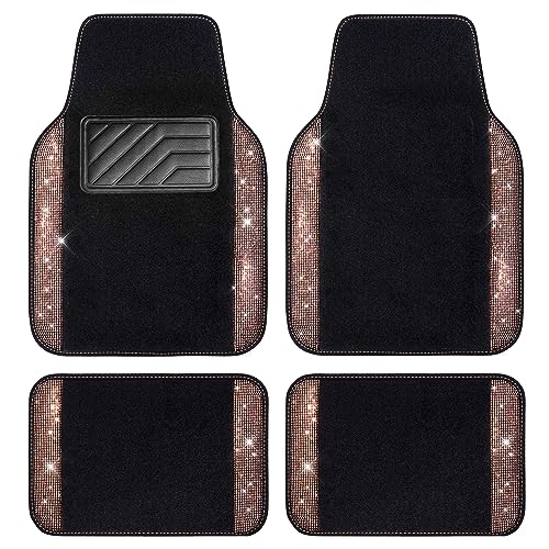 CAR PASS Bling Diamond Car Floor Mats, Shining Rhinestone Carpet Sparkly Glitter Crystal with Anti-Slip PVC Heel Pad Waterproof Universal Fit Automotive SUV,Sedan,Van,Cute Girl Women,4pcs Black Sliver