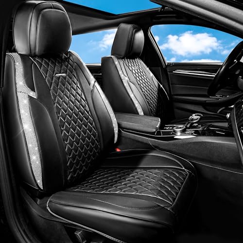 CAR Pass Bling Car Seat Covers, Microfiber Nappa Leather Luxury Cushioned, Waterproof Heavy-Duty Anti-Slip Universal Fit for Auto SUV Sedan,Sparkly Glitter Shining Rhinestone Full Set, Black Diamond