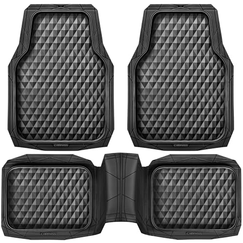 CAR PASS Heavy Duty Rubber Car Mats, Deep Dish All-Weather Floor Mat for Car Full Set Durable Anti-Slip 3D Rhombus Waterproof Trim to Fit Liner Universal Fit Automotive,Sedan,SUV,Truck, 3 Piece Black