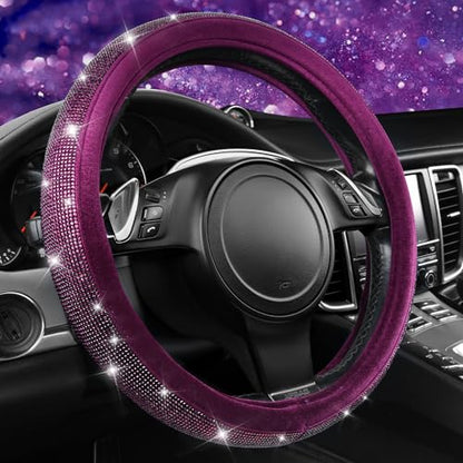 CAR PASS Bling Diamond Leather Steering Wheel Cover, With Sparkly Crystal Glitter Rhinestones Universal Fit 14"1/2-15" Car Wheel Protector for Women Girl Fit Suvs,Vans,Sedans,Car,Trucks, Black Diamond