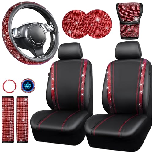 CAR PASS 7 PCS Bling Car Accessories for Women, Sparkly Rhinestone Diamond Steering Wheel Cover, Bling Seat Belt Cushion, Glitter Shift Knob Cover, Car Cup Holder Coaster, Cute Interior Sets Silver