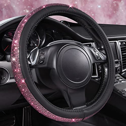 CAR PASS Bling Diamond Leather Steering Wheel Cover, With Sparkly Crystal Glitter Rhinestones Universal Fit 14"1/2-15" Car Wheel Protector for Women Girl Fit Suvs,Vans,Sedans,Car,Trucks, Black Diamond