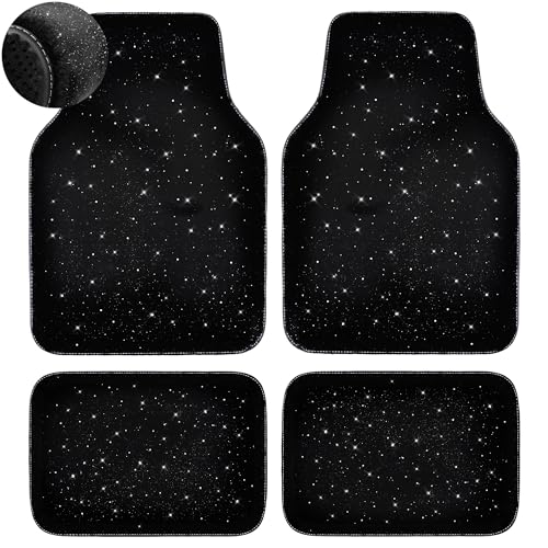 CAR PASS Bling Diamond Car Floor Mats, Shining Rhinestone Carpet Sparkly Glitter Crystal with Anti-Slip PVC Heel Pad Waterproof Universal Fit Automotive SUV,Sedan,Van,Cute Girl Women,4pcs Black Sliver