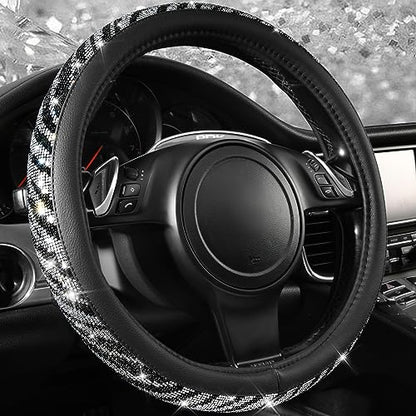 CAR PASS Bling Diamond Leather Steering Wheel Cover, With Sparkly Crystal Glitter Rhinestones Universal Fit 14"1/2-15" Car Wheel Protector for Women Girl Fit Suvs,Vans,Sedans,Car,Trucks, Black Diamond