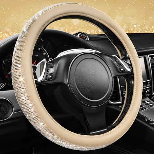 CAR PASS Bling Diamond Leather Steering Wheel Cover, With Sparkly Crystal Glitter Rhinestones Universal Fit 14"1/2-15" Car Wheel Protector for Women Girl Fit Suvs,Vans,Sedans,Car,Trucks, Black Diamond