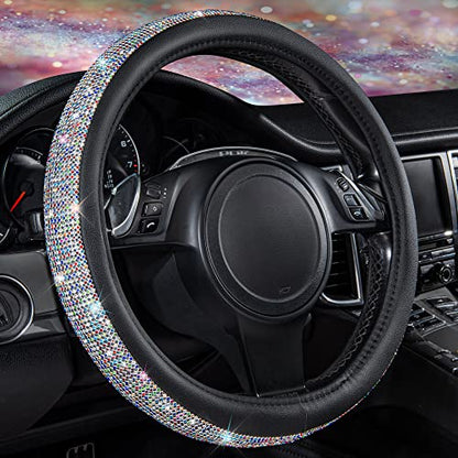 CAR PASS Bling Diamond Leather Steering Wheel Cover, With Sparkly Crystal Glitter Rhinestones Universal Fit 14"1/2-15" Car Wheel Protector for Women Girl Fit Suvs,Vans,Sedans,Car,Trucks, Black Diamond