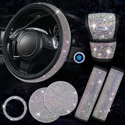 CAR PASS 7 PCS Bling Car Accessories for Women, Sparkly Rhinestone Diamond Steering Wheel Cover, Bling Seat Belt Cushion, Glitter Shift Knob Cover, Car Cup Holder Coaster, Cute Interior Sets Silver