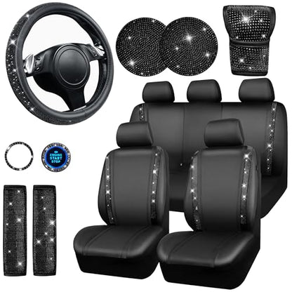 CAR PASS 7 PCS Bling Car Accessories for Women, Sparkly Rhinestone Diamond Steering Wheel Cover, Bling Seat Belt Cushion, Glitter Shift Knob Cover, Car Cup Holder Coaster, Cute Interior Sets Silver