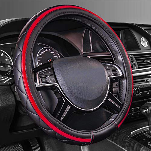 Car Pass Classical Leather Automotive Universal Steering Wheel Covers,Universal Fit for Suvs,Trucks,Sedans,Cars,Vans,14.5-15inch Anti-Slip Safety Comfortable Desgin(Black)