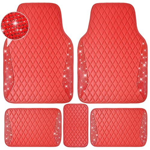 CAR PASS Bling Leather Car Mats Shining Diamond Floor Mats Sparkly Glitter Crystal Rhinestones Carpet Anti-Slip Waterproof Pad Universal Fit for Automotive SUV, Sedan, Van, 5pcs for Girl Women Black