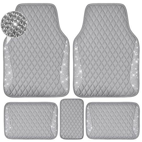 CAR PASS Bling Leather Car Mats Shining Diamond Floor Mats Sparkly Glitter Crystal Rhinestones Carpet Anti-Slip Waterproof Pad Universal Fit for Automotive SUV, Sedan, Van, 5pcs for Girl Women Black