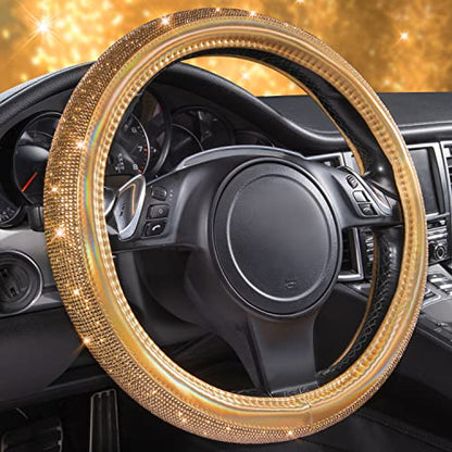 CAR PASS Bling Diamond Leather Steering Wheel Cover, With Sparkly Crystal Glitter Rhinestones Universal Fit 14"1/2-15" Car Wheel Protector for Women Girl Fit Suvs,Vans,Sedans,Car,Trucks, Black Diamond