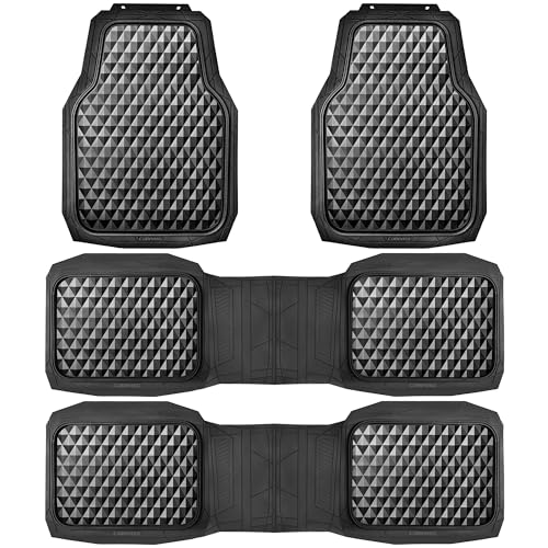 CAR PASS Heavy Duty Rubber Car Mats, Deep Dish All-Weather Floor Mat for Car Full Set Durable Anti-Slip 3D Rhombus Waterproof Trim to Fit Liner Universal Fit Automotive,Sedan,SUV,Truck, 3 Piece Black