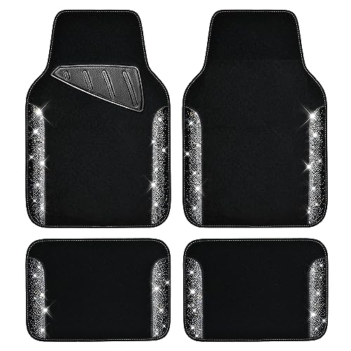 CAR PASS Bling Diamond Car Floor Mats, Shining Rhinestone Carpet Sparkly Glitter Crystal with Anti-Slip PVC Heel Pad Waterproof Universal Fit Automotive SUV,Sedan,Van,Cute Girl Women,4pcs Black Sliver