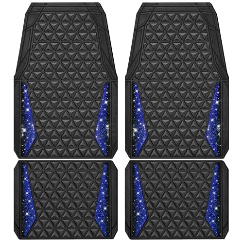 CAR PASS Bling Car Mats Diamond Rubber Floor Mats Full Set Anti-Slip 3D Rhombus Waterproof Trim to Fit Liner Universal Glitter Crystal Sparkly Shining Rhinestone Girl Women SUV Sedan Van, Black Silver