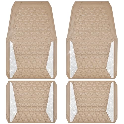 CAR PASS Bling Car Mats Diamond Rubber Floor Mats Full Set Anti-Slip 3D Rhombus Waterproof Trim to Fit Liner Universal Glitter Crystal Sparkly Shining Rhinestone Girl Women SUV Sedan Van, Black Silver