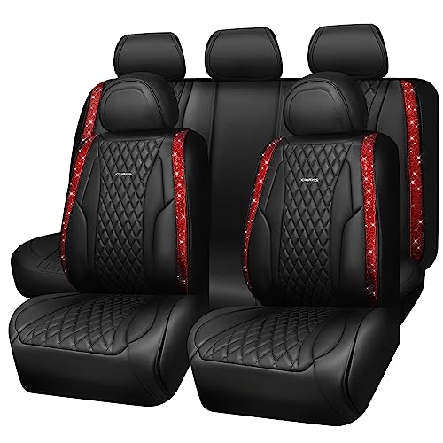 CAR Pass Bling Car Seat Covers, Microfiber Nappa Leather Luxury Cushioned, Waterproof Heavy-Duty Anti-Slip Universal Fit for Auto SUV Sedan,Sparkly Glitter Shining Rhinestone Full Set, Black Diamond