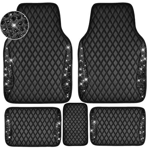 CAR PASS Bling Leather Car Mats Shining Diamond Floor Mats Sparkly Glitter Crystal Rhinestones Carpet Anti-Slip Waterproof Pad Universal Fit for Automotive SUV, Sedan, Van, 5pcs for Girl Women Black