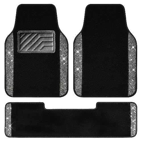 CAR PASS Bling Diamond Car Floor Mats, Shining Rhinestone Carpet Sparkly Glitter Crystal with Anti-Slip PVC Heel Pad Waterproof Universal Fit Automotive SUV,Sedan,Van,Cute Girl Women,4pcs Black Sliver