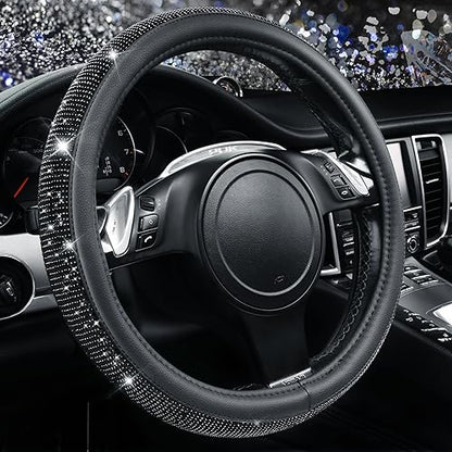 CAR PASS Bling Diamond Leather Steering Wheel Cover, With Sparkly Crystal Glitter Rhinestones Universal Fit 14"1/2-15" Car Wheel Protector for Women Girl Fit Suvs,Vans,Sedans,Car,Trucks, Black Diamond