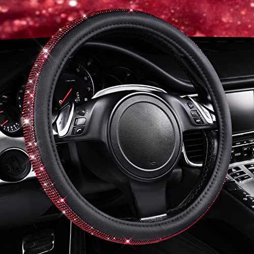 CAR PASS Bling Diamond Leather Steering Wheel Cover, With Sparkly Crystal Glitter Rhinestones Universal Fit 14"1/2-15" Car Wheel Protector for Women Girl Fit Suvs,Vans,Sedans,Car,Trucks, Black Diamond