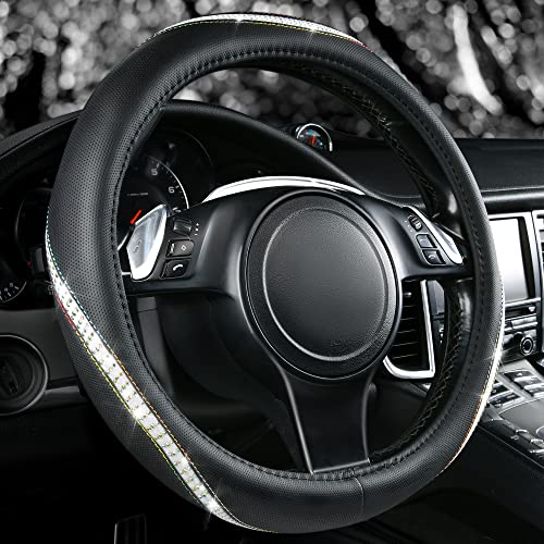 CAR PASS Bling Diamond Black Leather Steering Wheel Cover, Studded Crystal Rhinestones Universal Fit 14" 1/2-15" Glitter for Women Sparkle Girl Fit Suvs,Vans,Sedans,Car,Trucks, Silver Diamond